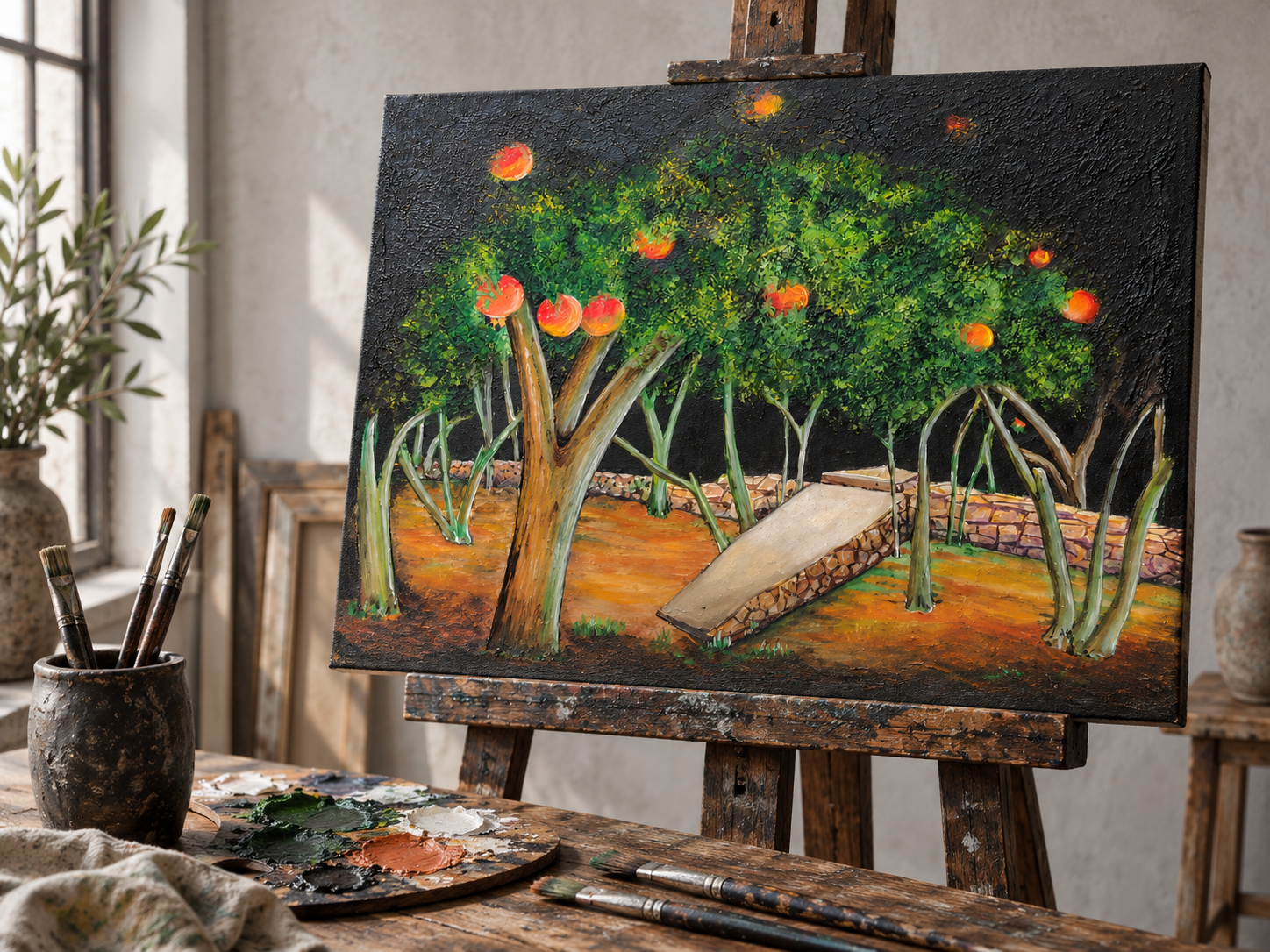 لوحة بستان أبي وجدي على حامل رسم، مع فرش وألوان في مشهد مرسم فني